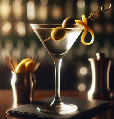 Martini con aceituna en un salón elegante.